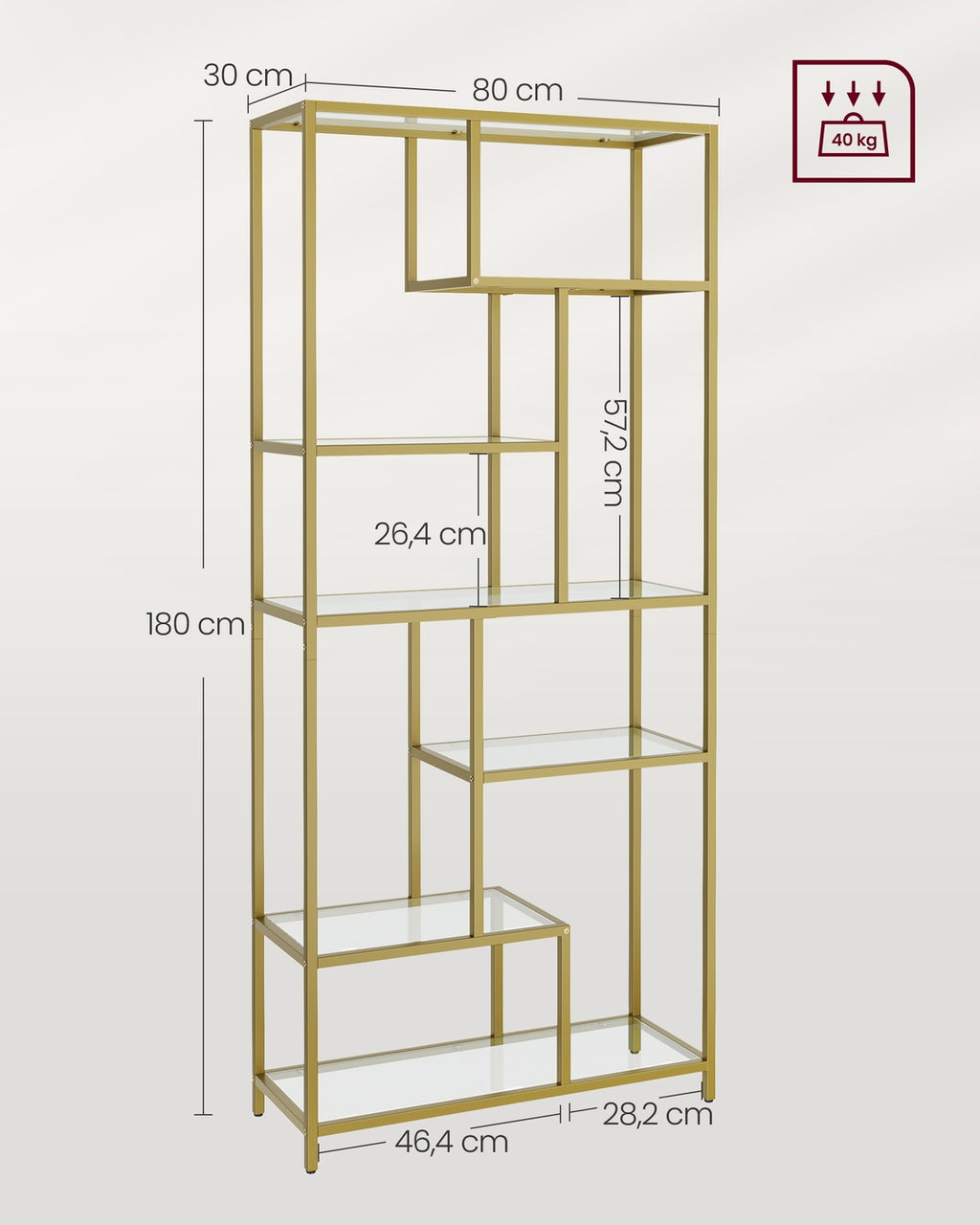 Bücherregal mit 6 Ablagen gold-transparent