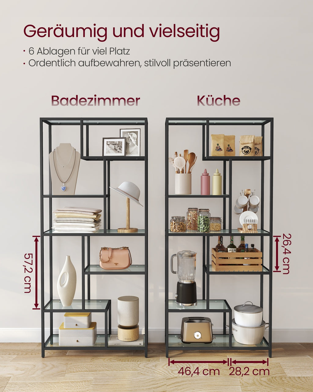 Bücherregal mit 6 Ablagen tintenschwarz - transparent