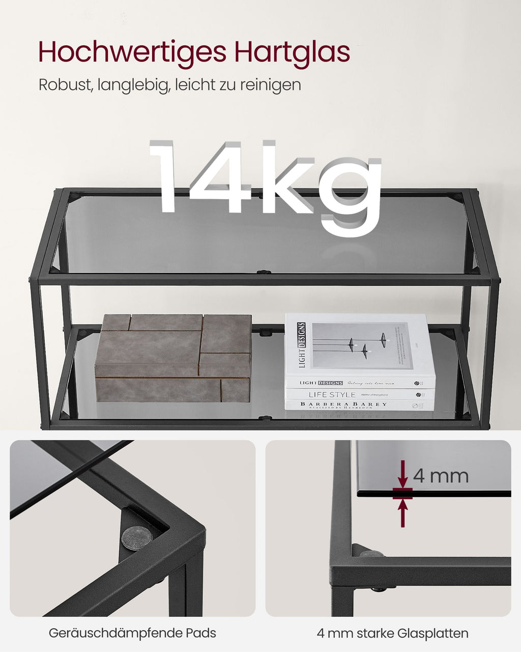 Regal mit 6 Ablagen Hartglas schiefergrau-tintenschwarz