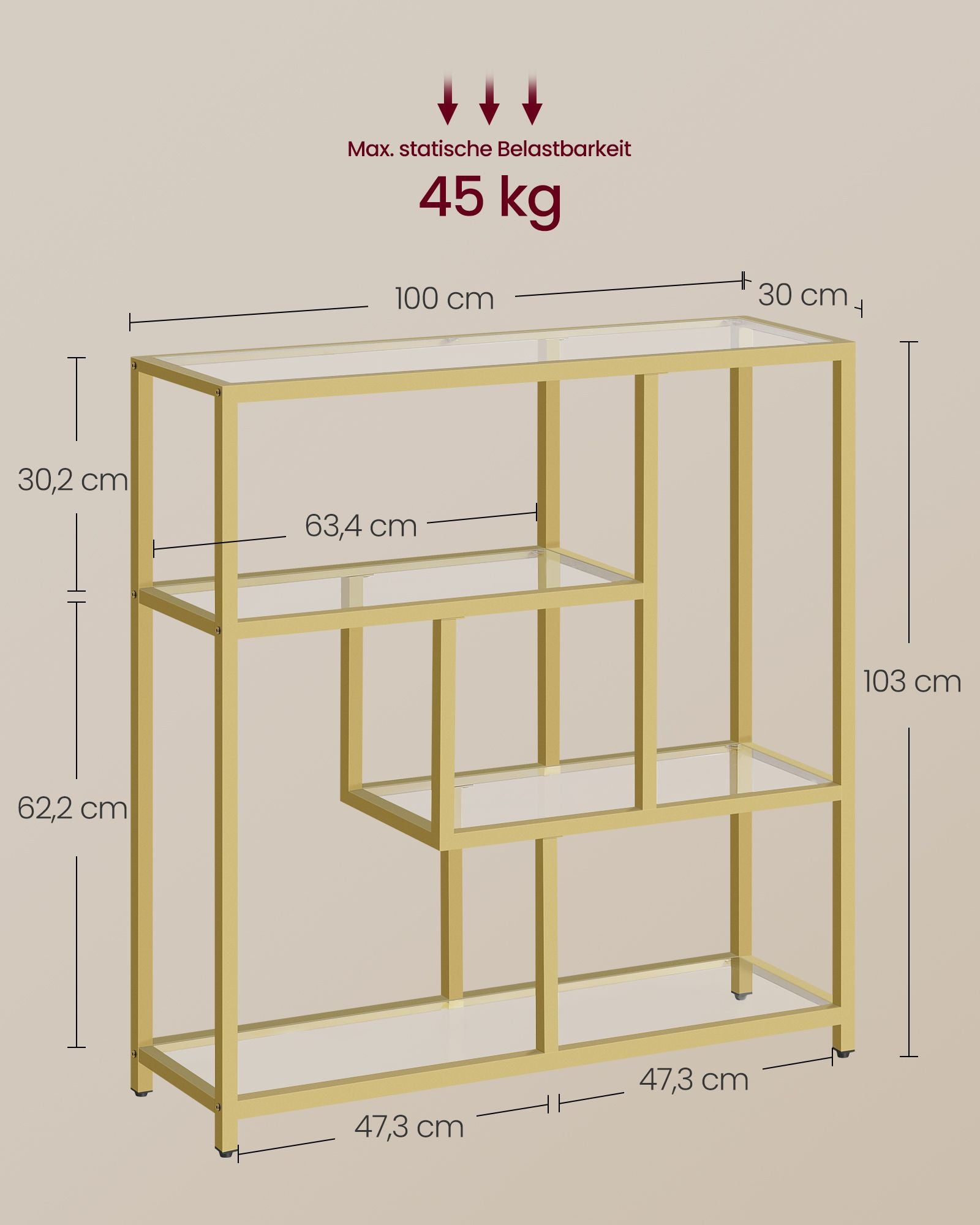 Bücherregal mit 4 Ablagen transparent-blassgold