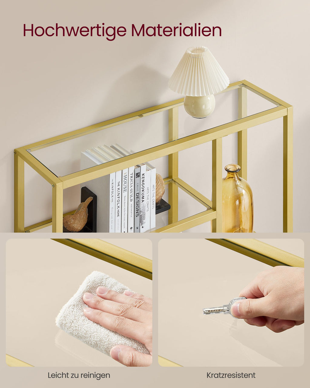 Bücherregal mit 4 Ablagen transparent-blassgold
