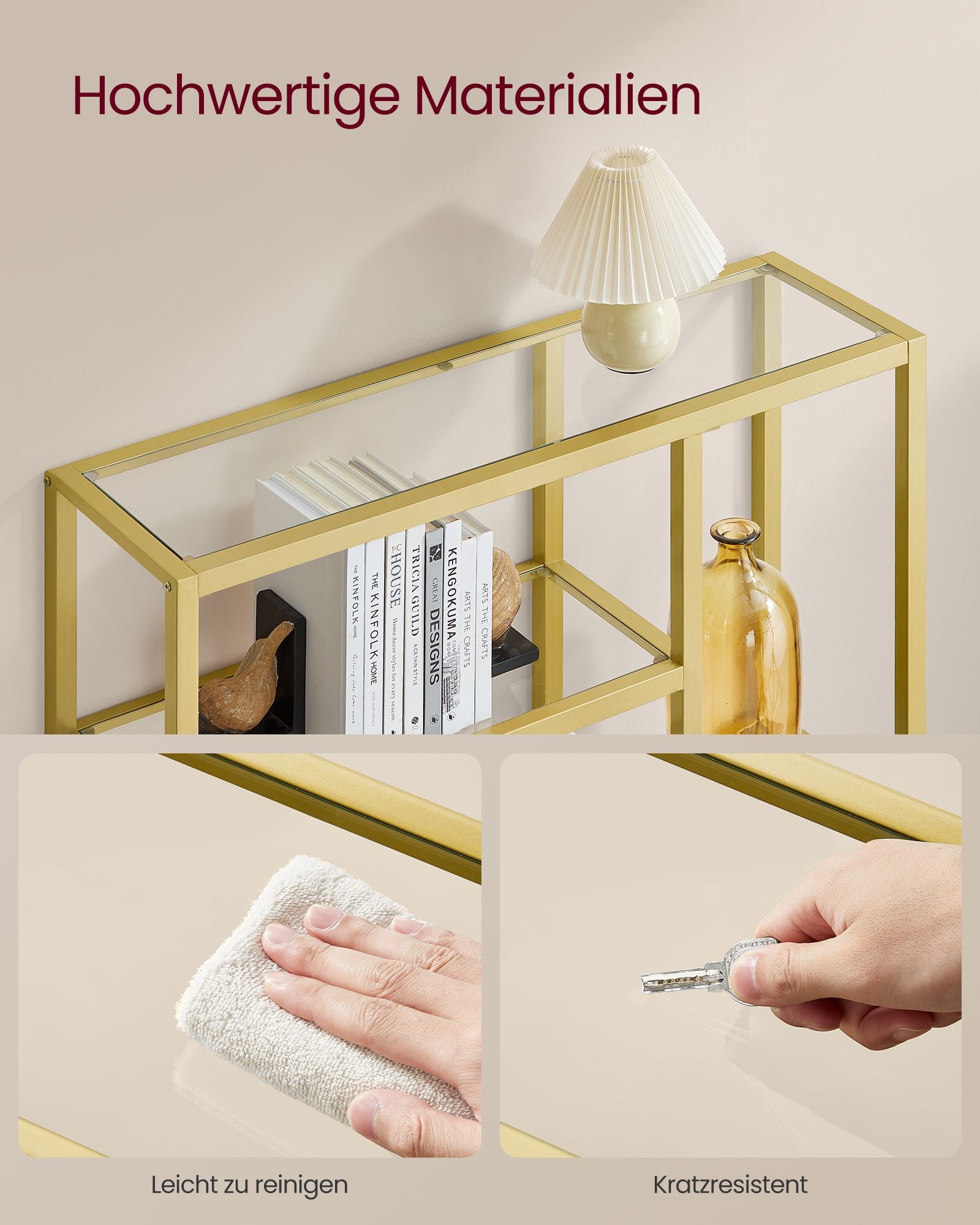 Bücherregal mit 4 Ablagen transparent-blassgold
