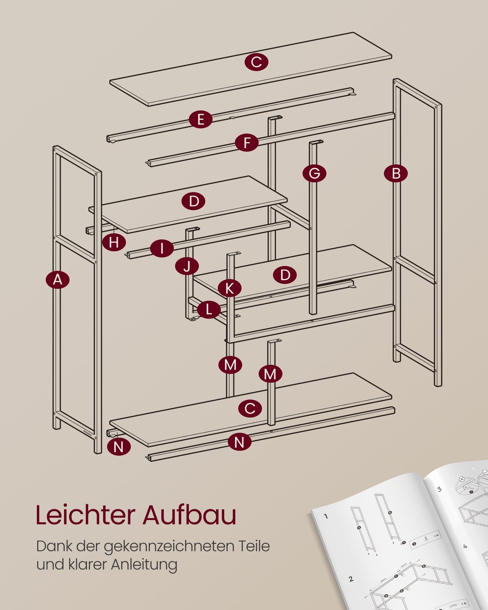 Bücherregal mit 4 Ablagen transparent-blassgold