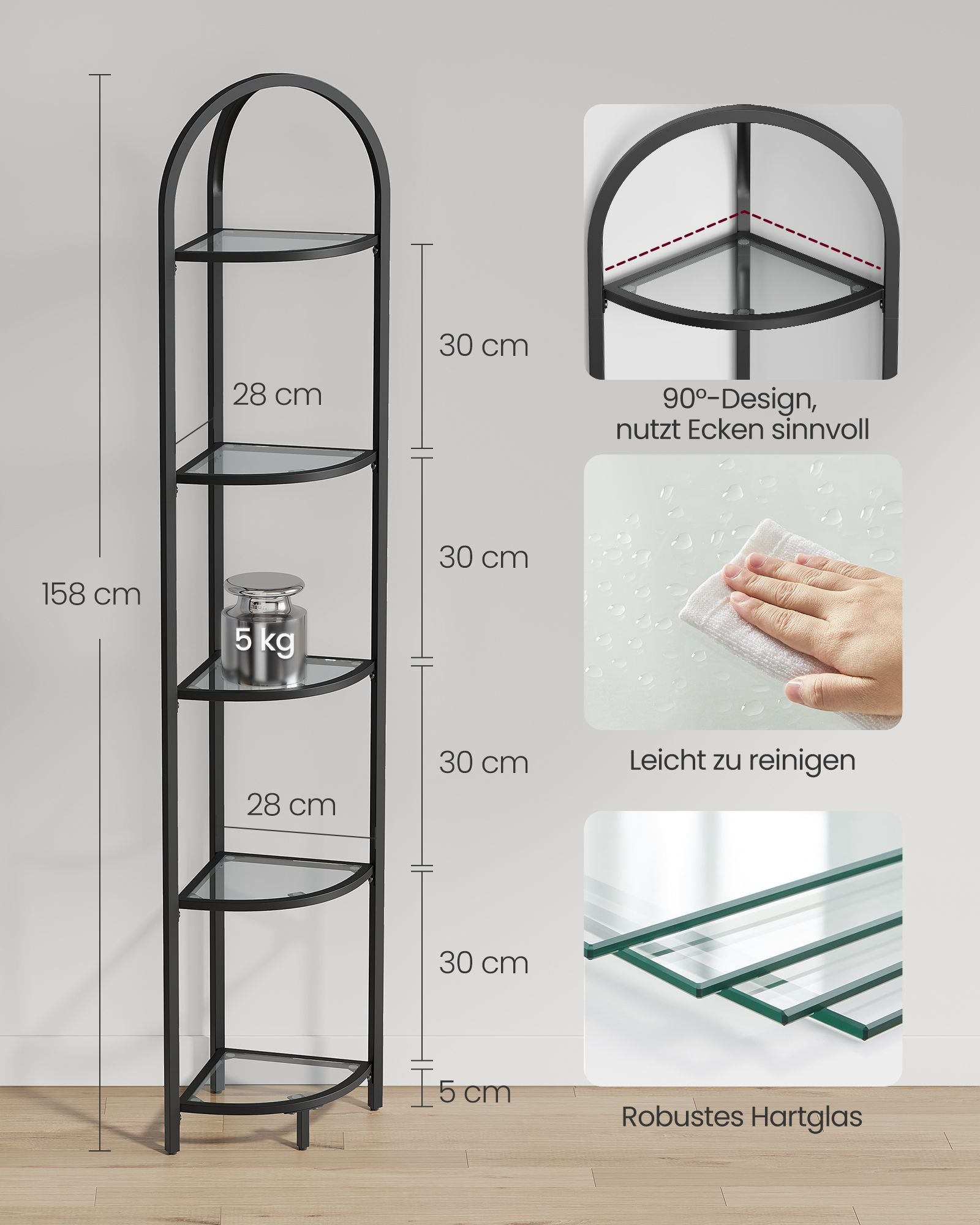 Eckregal 5 Ebenen mit Ablagen aus Hartglas