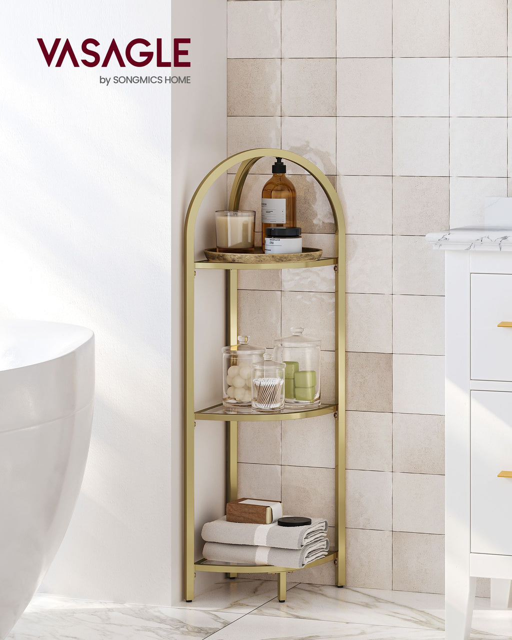 Eckregal 3 Ebenen mit Ablagen aus Hartglas metallisches Gold