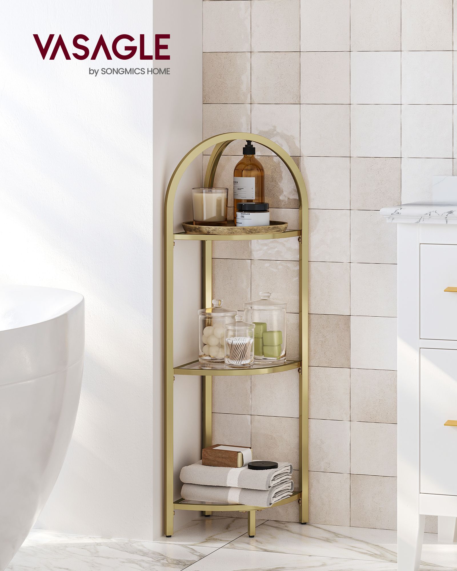 Eckregal 3 Ebenen mit Ablagen aus Hartglas metallisches Gold