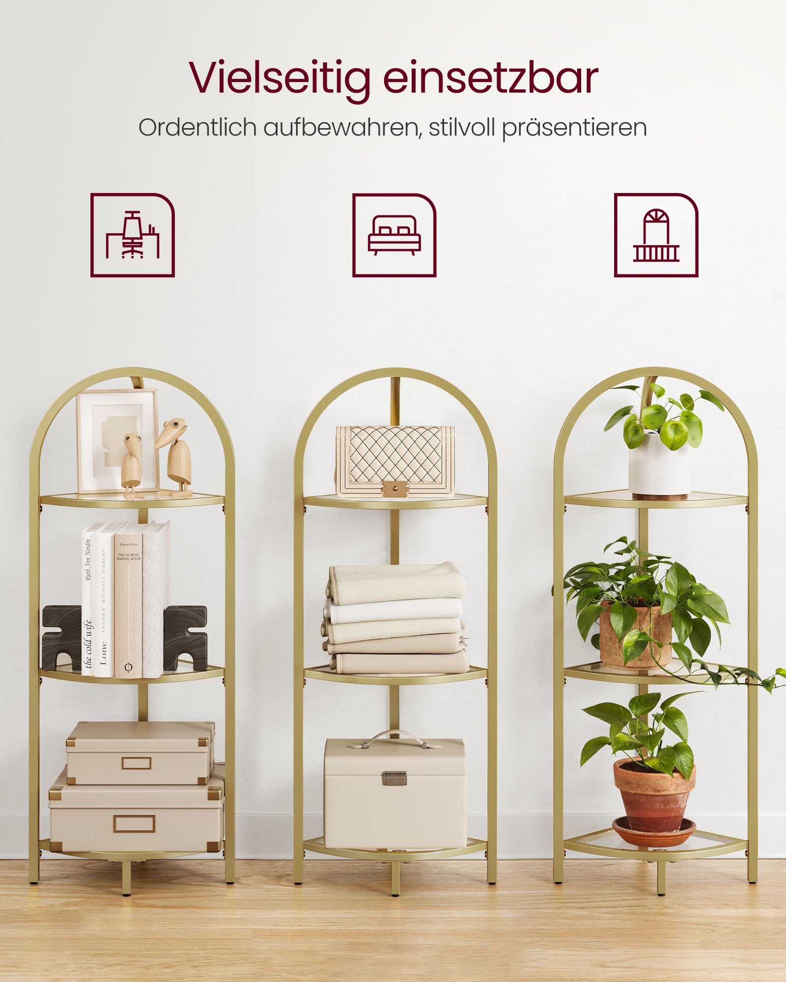Eckregal 3 Ebenen mit Ablagen aus Hartglas metallisches Gold