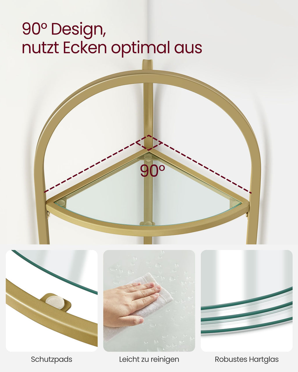 Eckregal 3 Ebenen mit Ablagen aus Hartglas metallisches Gold