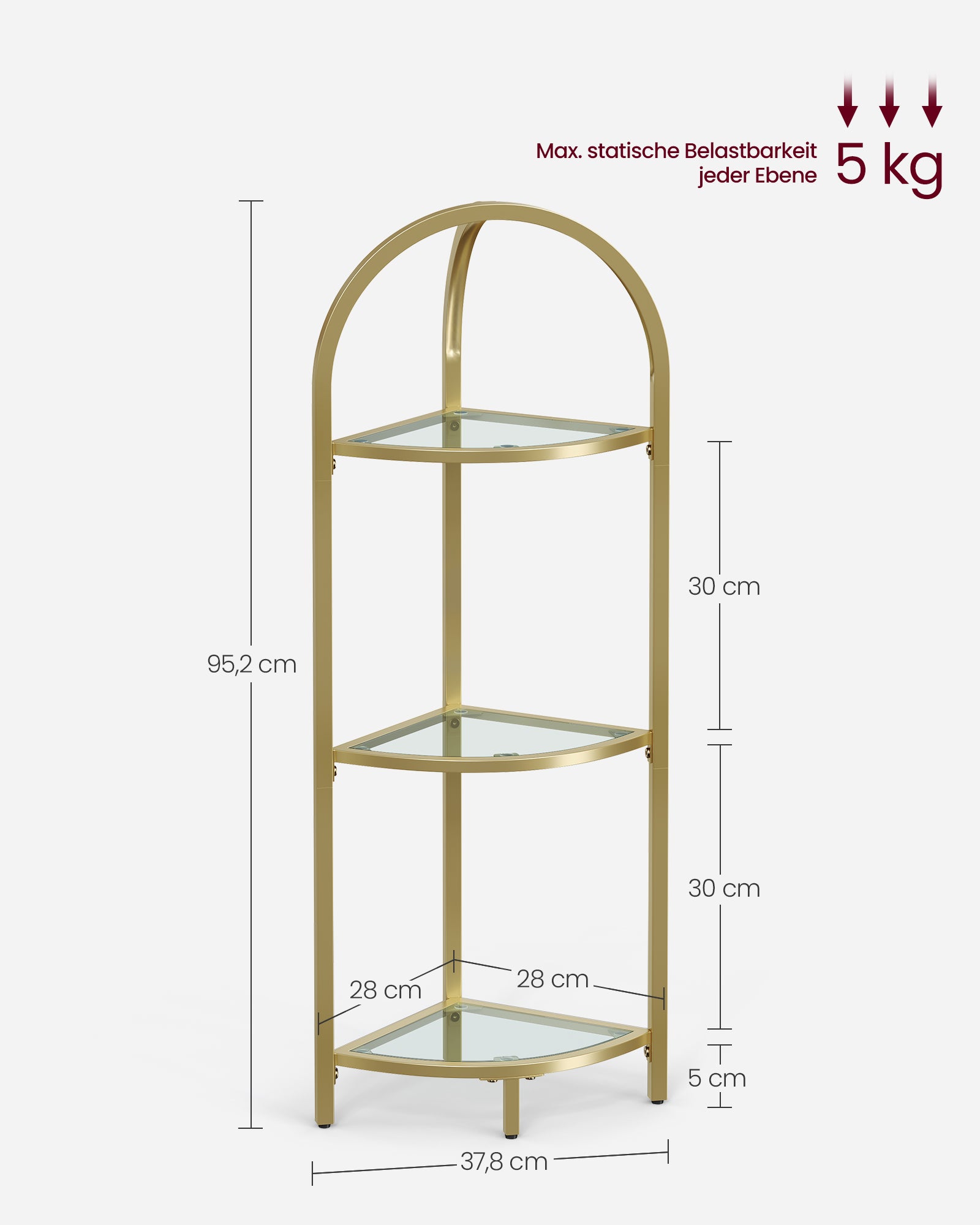Eckregal 3 Ebenen mit Ablagen aus Hartglas metallisches Gold