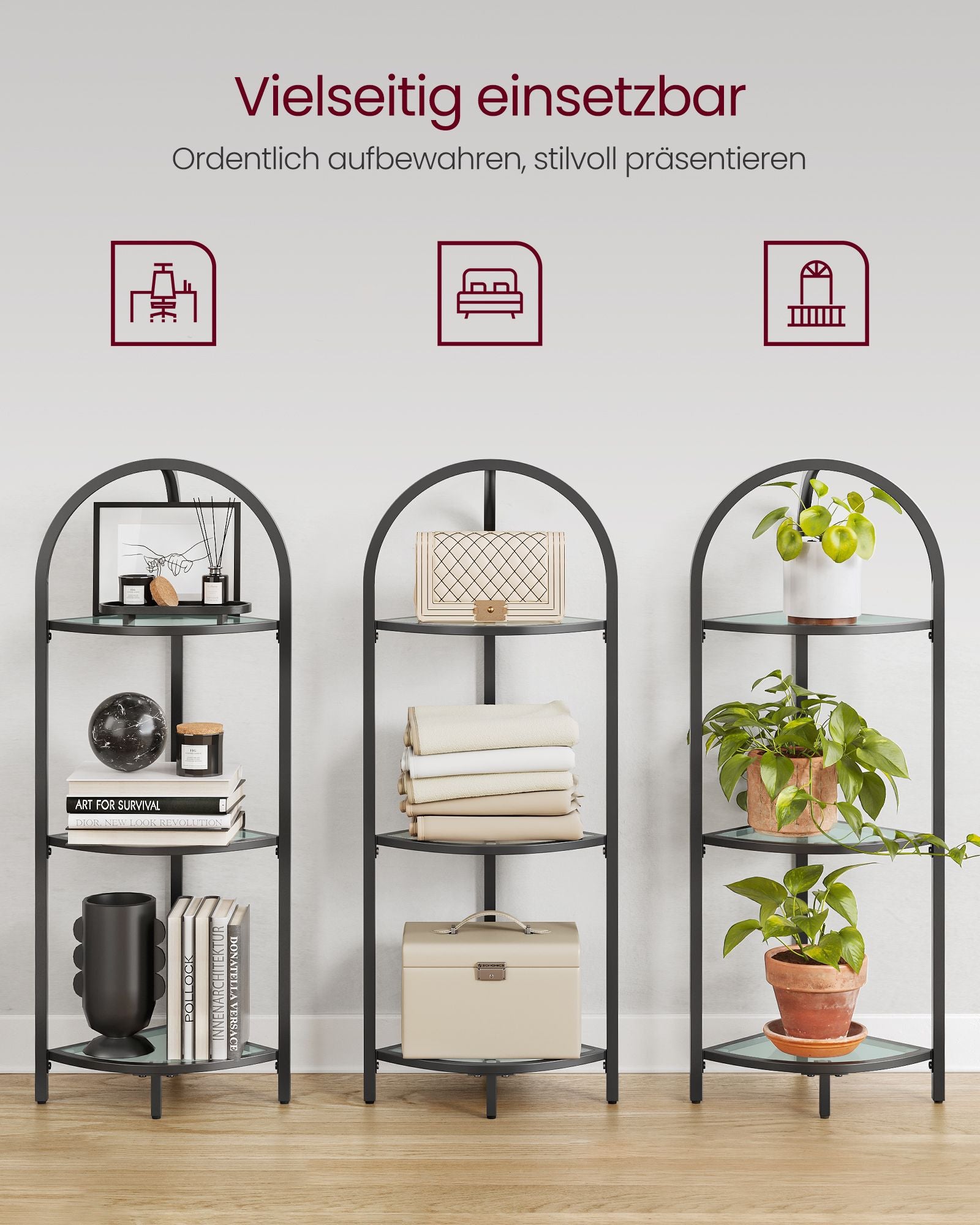 Eckregal 3 Ebenen mit Ablagen aus Hartglas