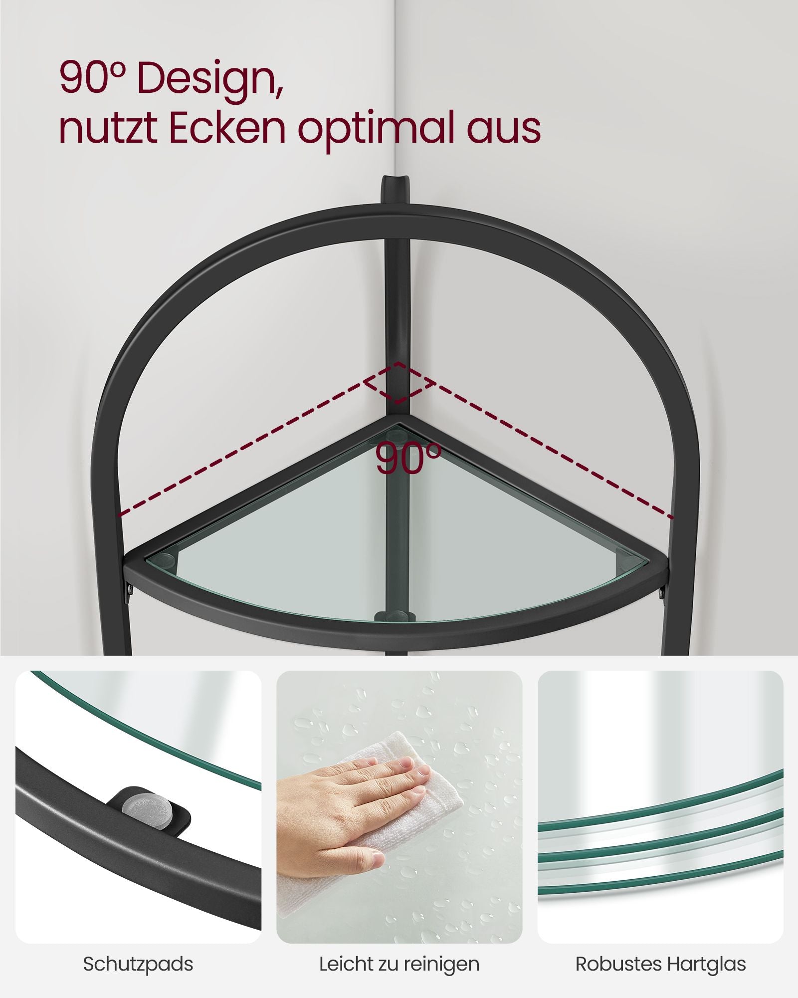 Eckregal 3 Ebenen mit Ablagen aus Hartglas