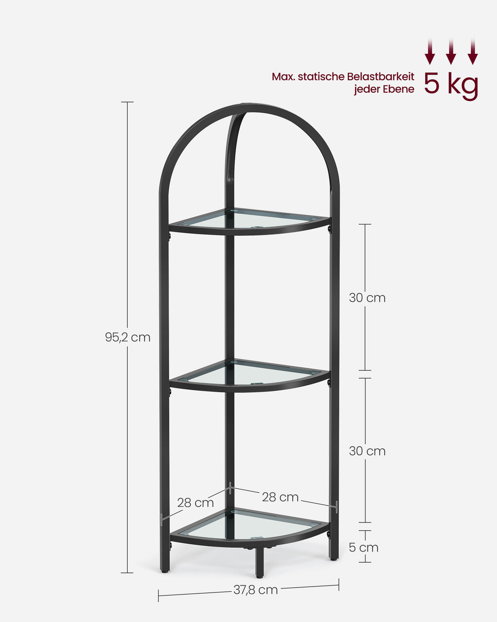 Eckregal 3 Ebenen mit Ablagen aus Hartglas