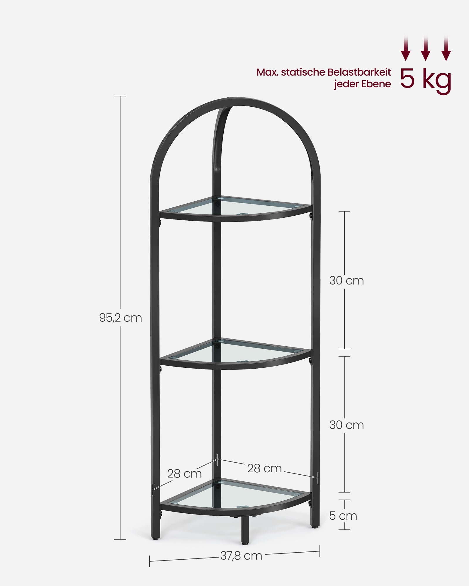Eckregal 3 Ebenen mit Ablagen aus Hartglas