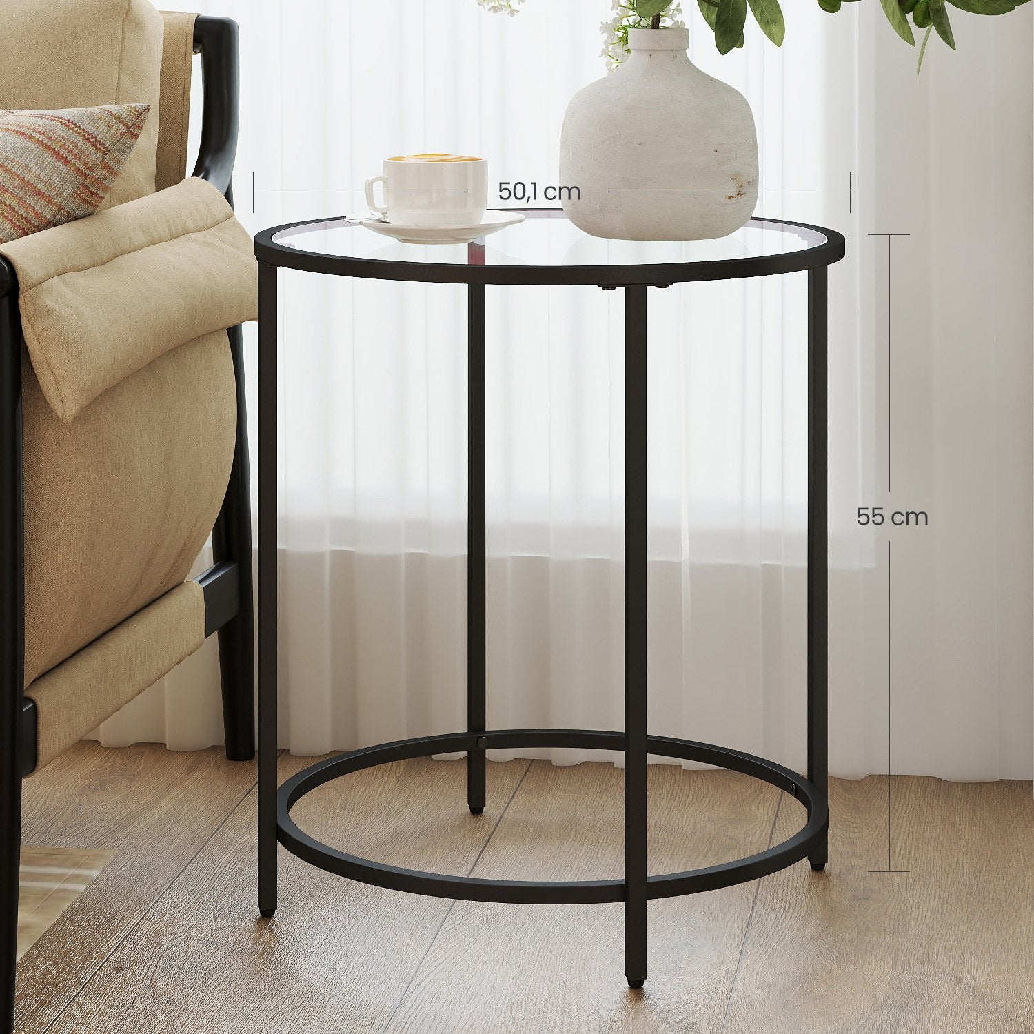 Beistelltisch rund, Couchtisch klein, Hartglas und Metallgestell