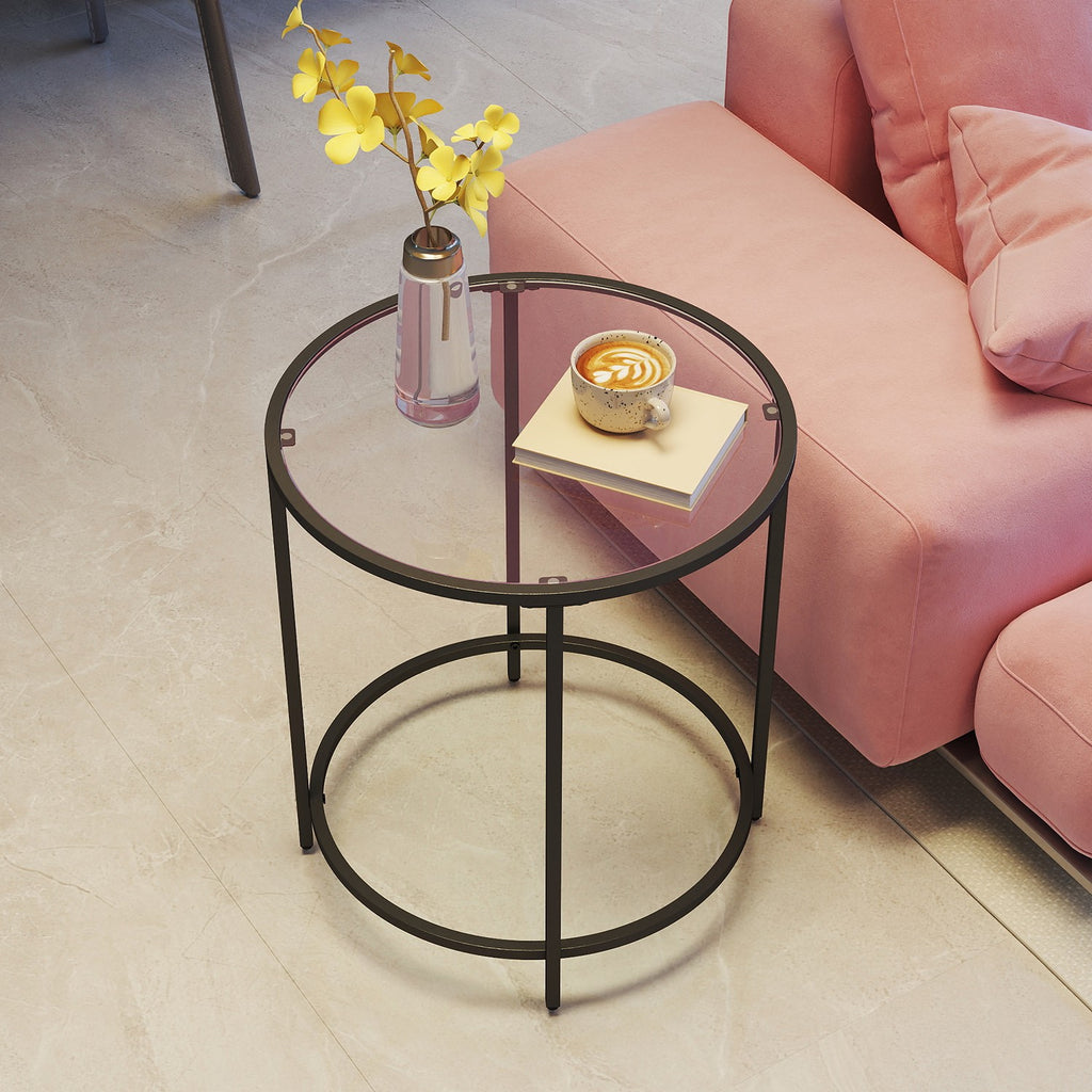 Beistelltisch rund, Couchtisch klein, Hartglas und Metallgestell