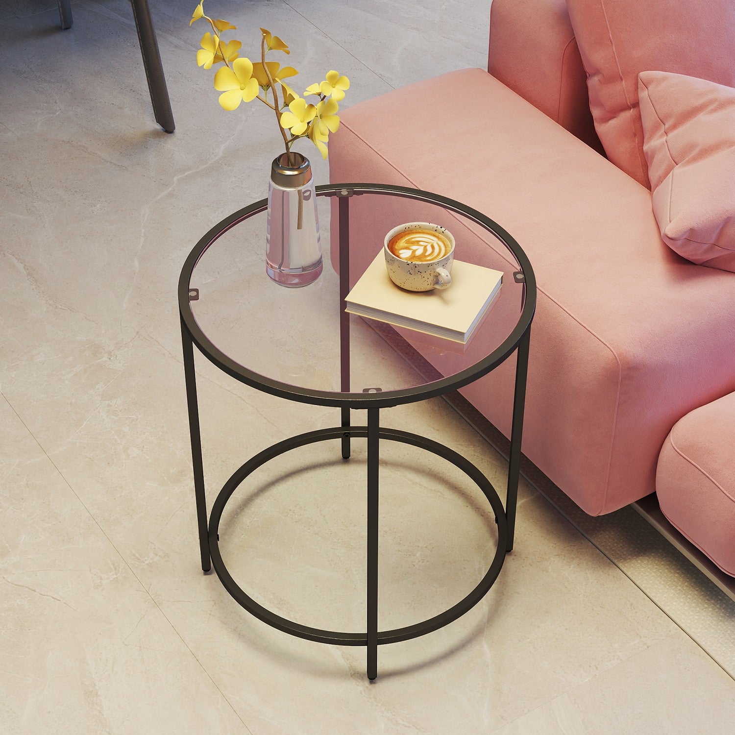 Beistelltisch rund, Couchtisch klein, Hartglas und Metallgestell