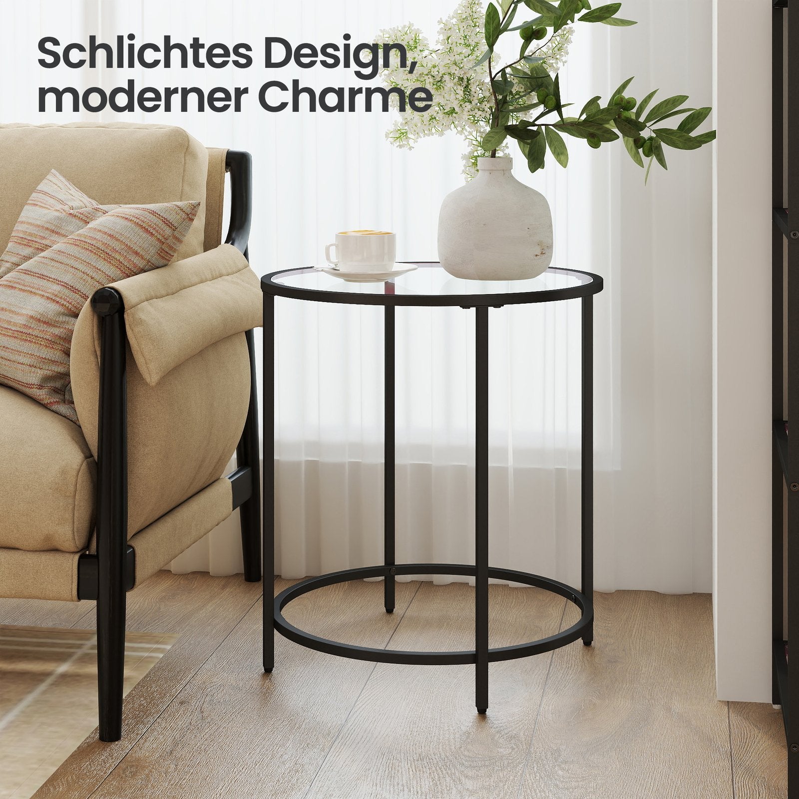Beistelltisch rund, Couchtisch klein, Hartglas und Metallgestell