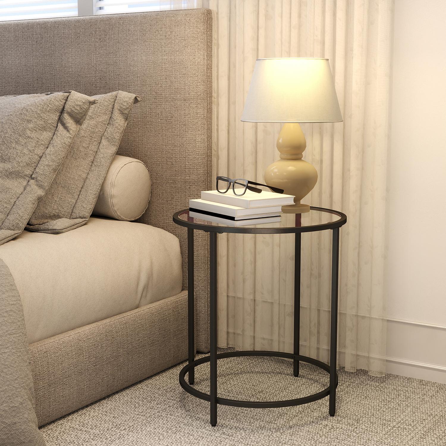 Beistelltisch rund, Couchtisch klein, Hartglas und Metallgestell