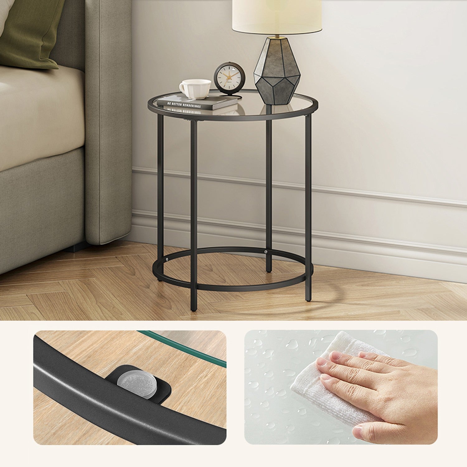 Beistelltisch rund, Couchtisch klein, Hartglas und Metallgestell