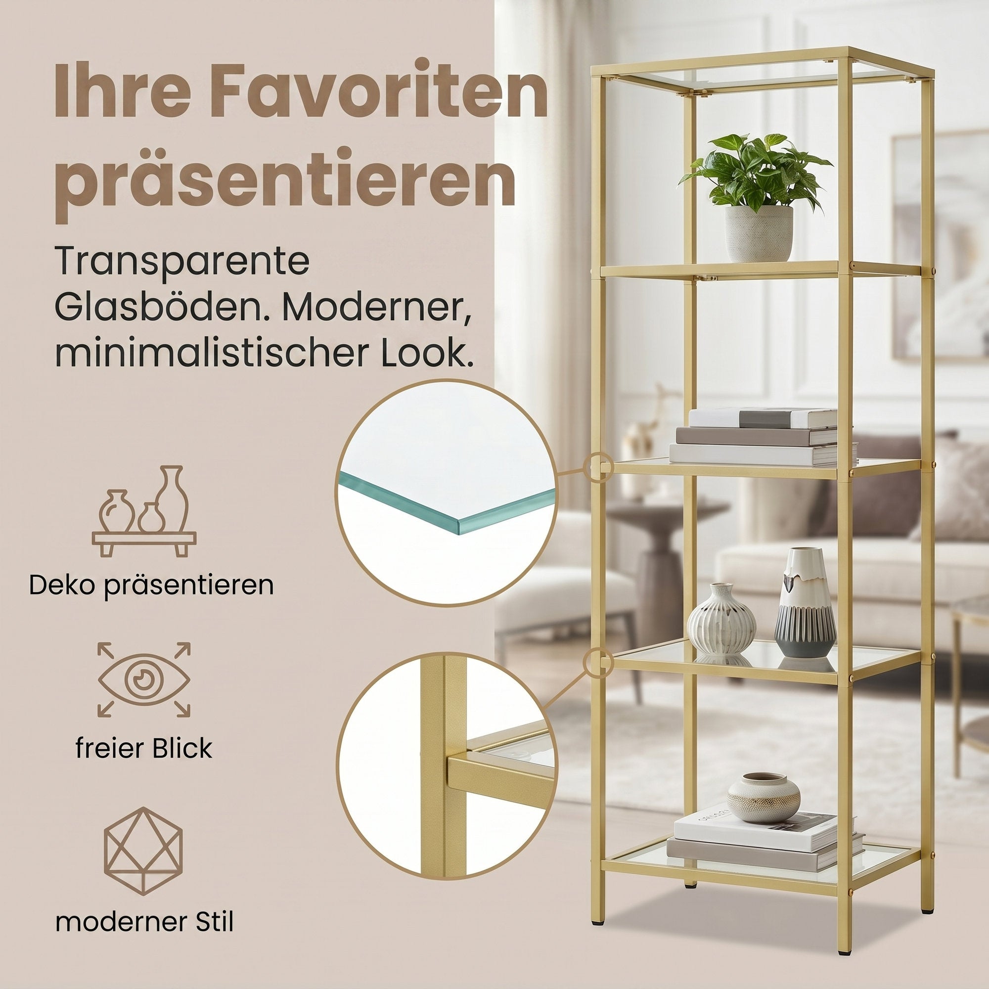 5-stufiges Glasregal, Bücherregal, Aufbewahrungsregal