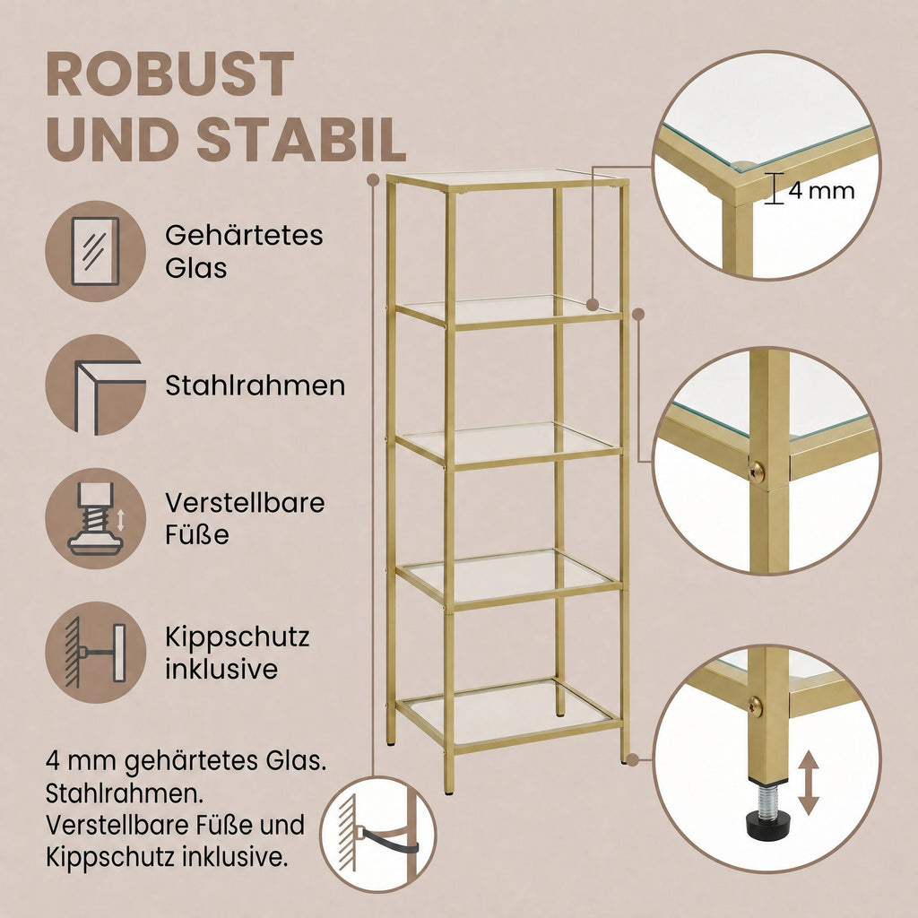 5-stufiges Glasregal, Bücherregal, Aufbewahrungsregal