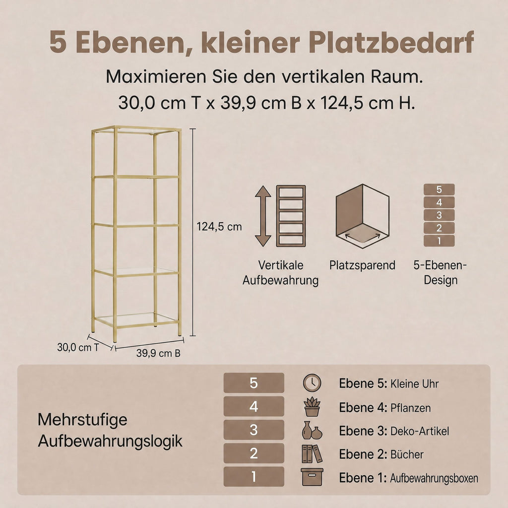5-stufiges Glasregal, Bücherregal, Aufbewahrungsregal
