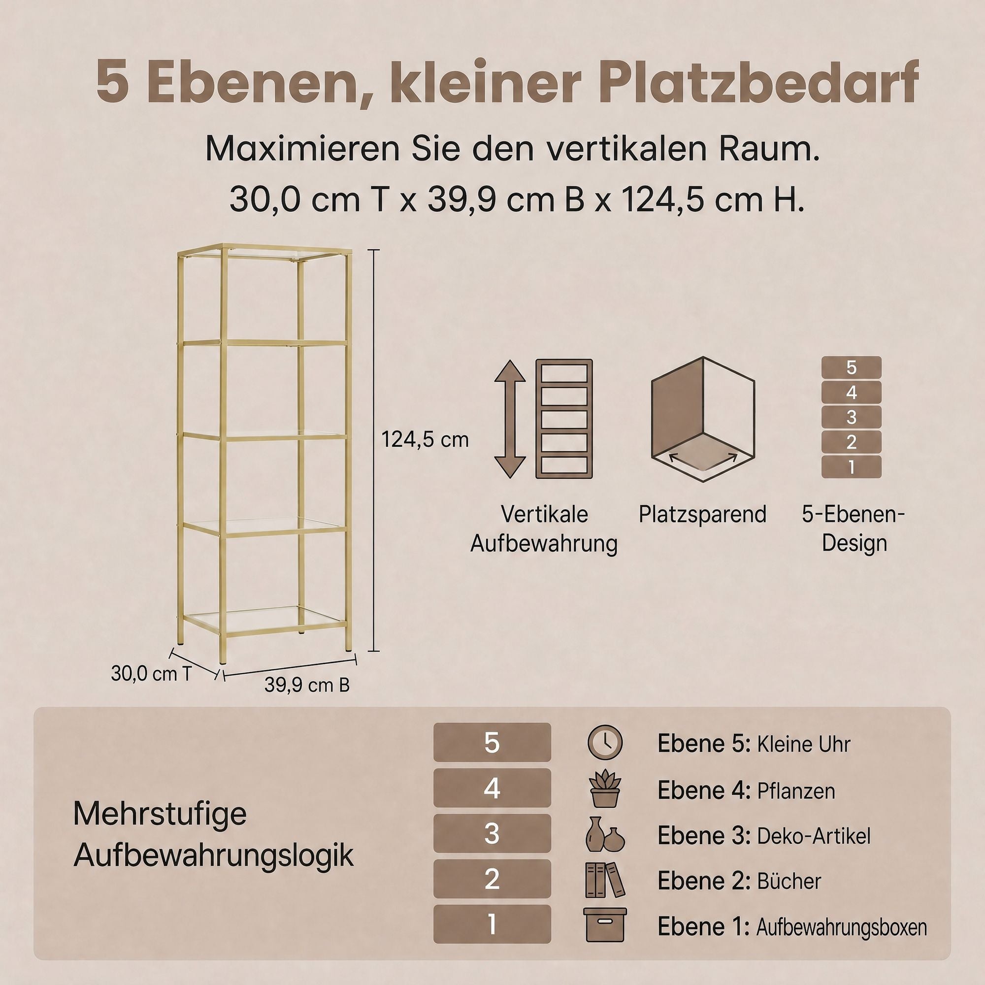 5-stufiges Glasregal, Bücherregal, Aufbewahrungsregal