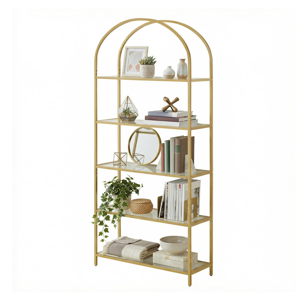 Regal 5 Ebenen, Bücherregal Hartglas, bogenförmiges Aufbewahrungsregal