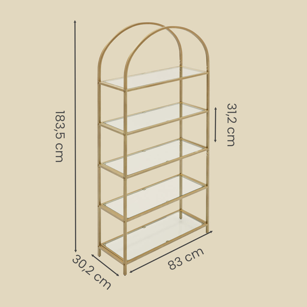 Regal 5 Ebenen, Bücherregal Hartglas, bogenförmiges Aufbewahrungsregal
