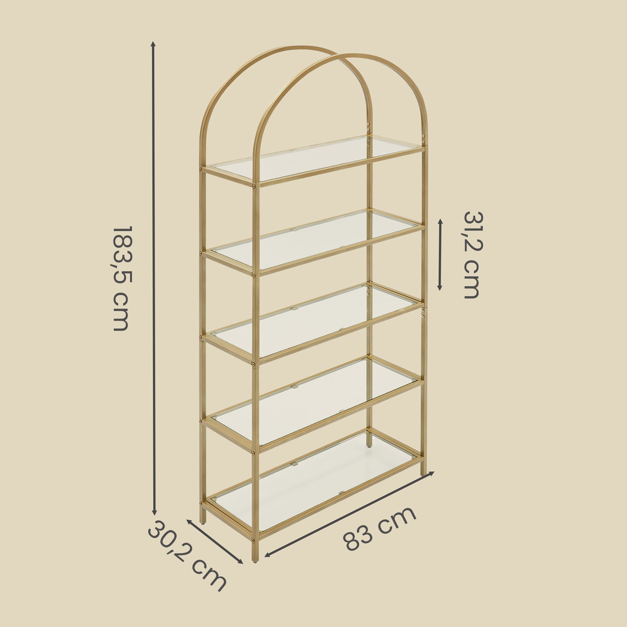 Regal 5 Ebenen, Bücherregal Hartglas, bogenförmiges Aufbewahrungsregal