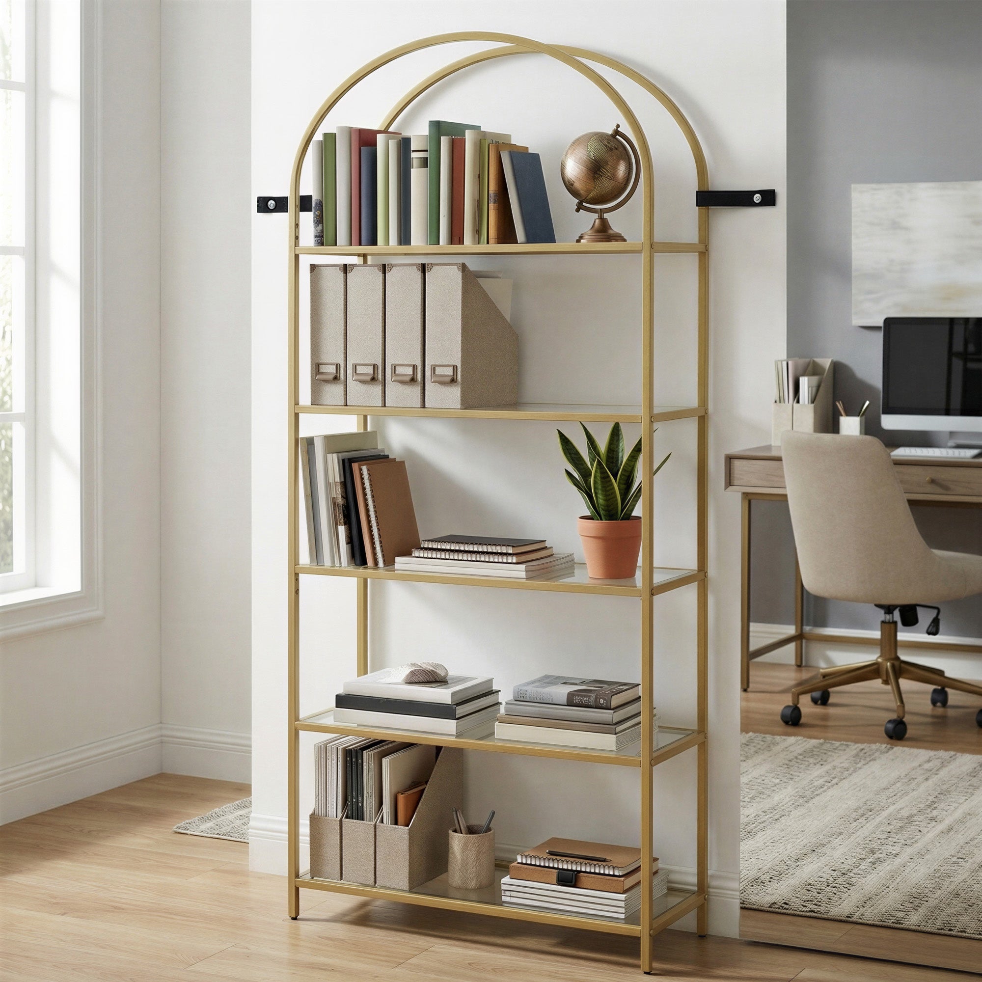 Regal 5 Ebenen, Bücherregal Hartglas, bogenförmiges Aufbewahrungsregal