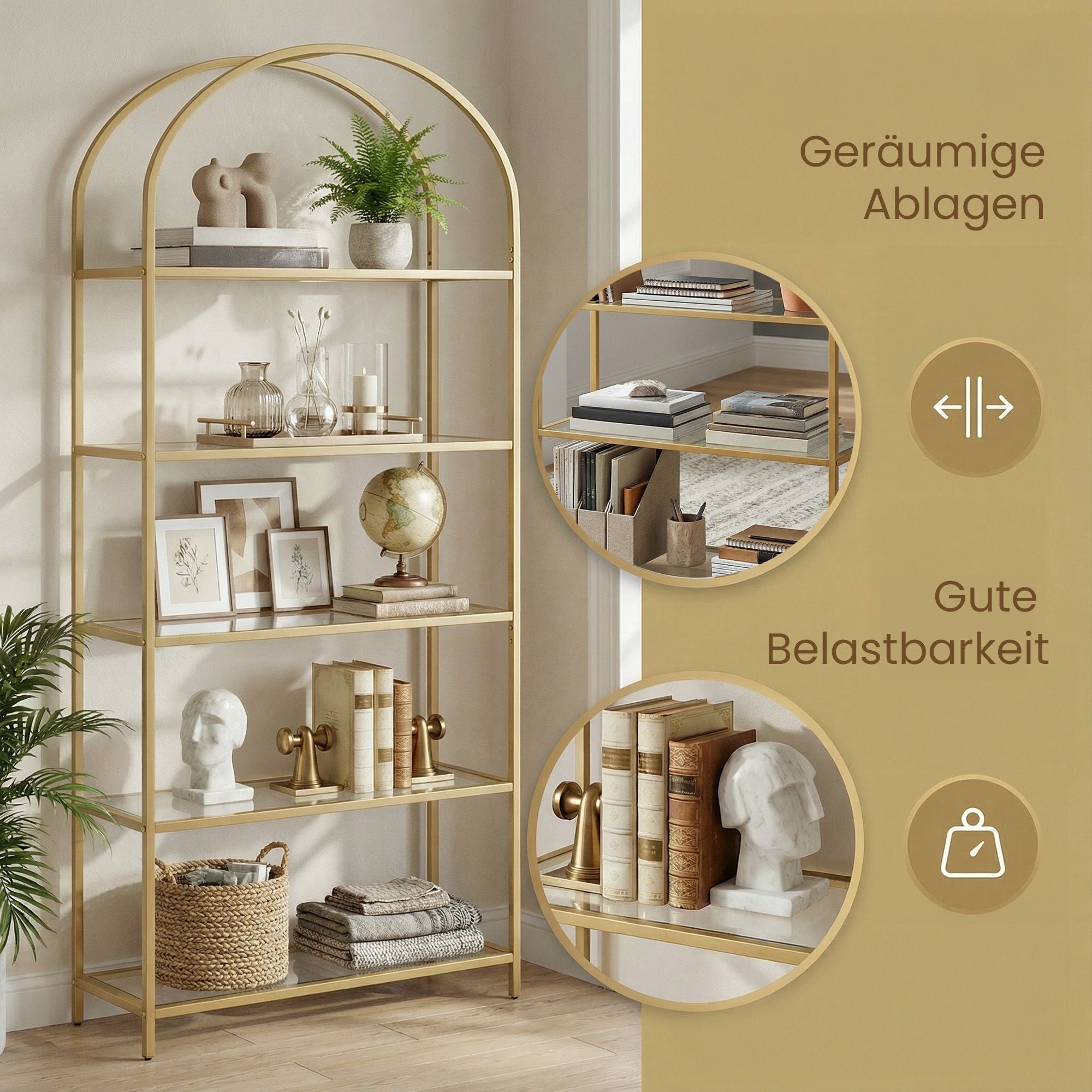 Regal 5 Ebenen, Bücherregal Hartglas, bogenförmiges Aufbewahrungsregal