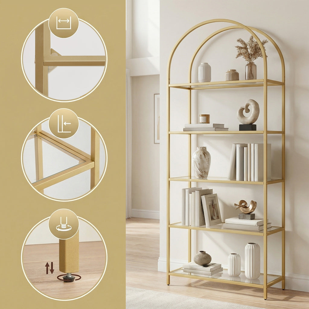 Regal 5 Ebenen, Bücherregal Hartglas, bogenförmiges Aufbewahrungsregal