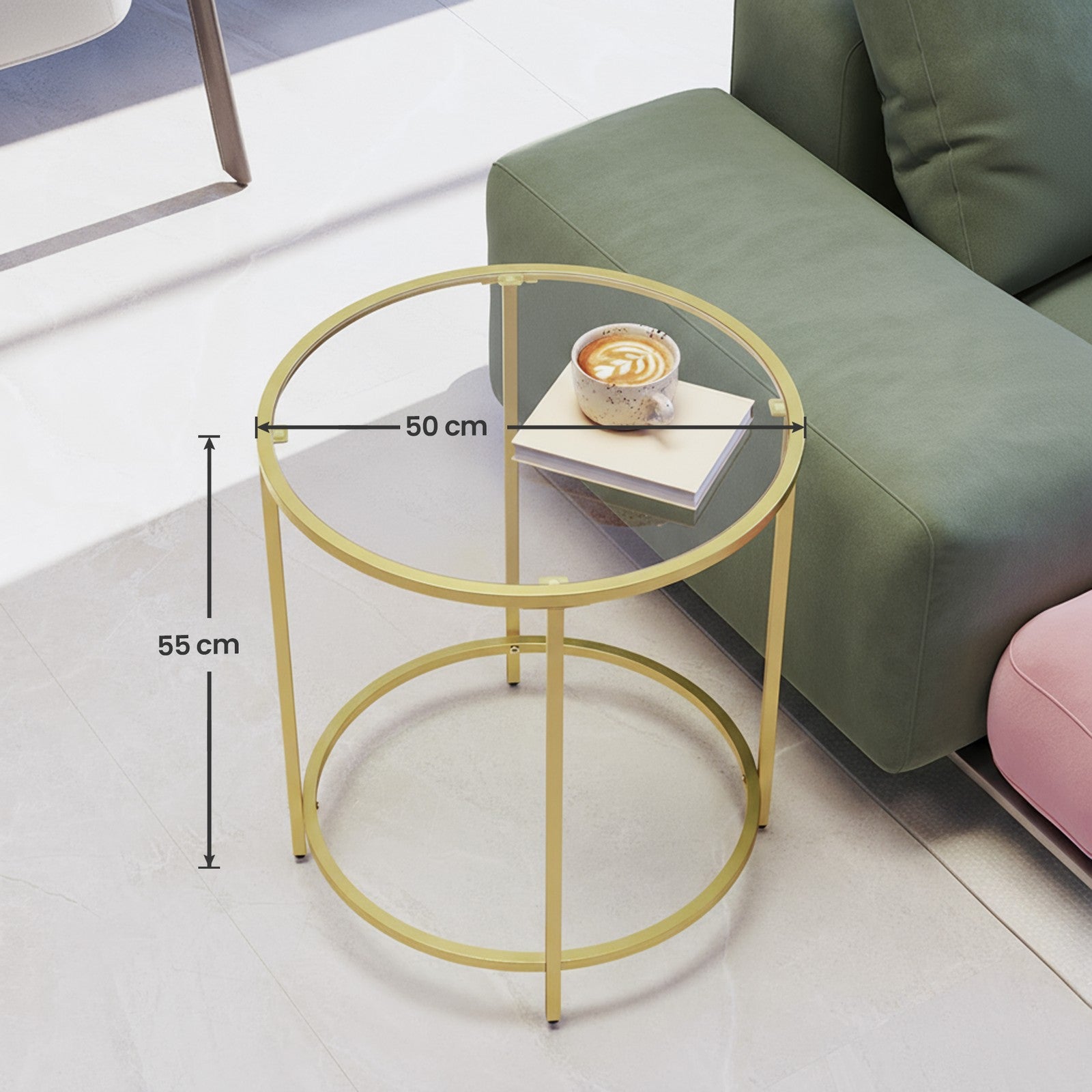 Beistelltisch rund, Couchtisch klein, Hartglas und Metallgestell