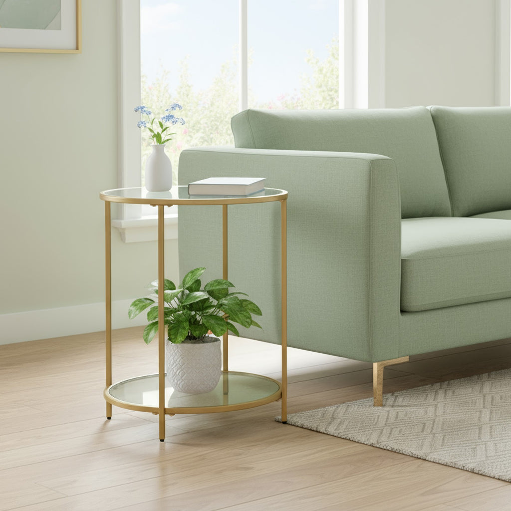 Beistelltisch rund, Couchtisch klein, Hartglas und Metallgestell