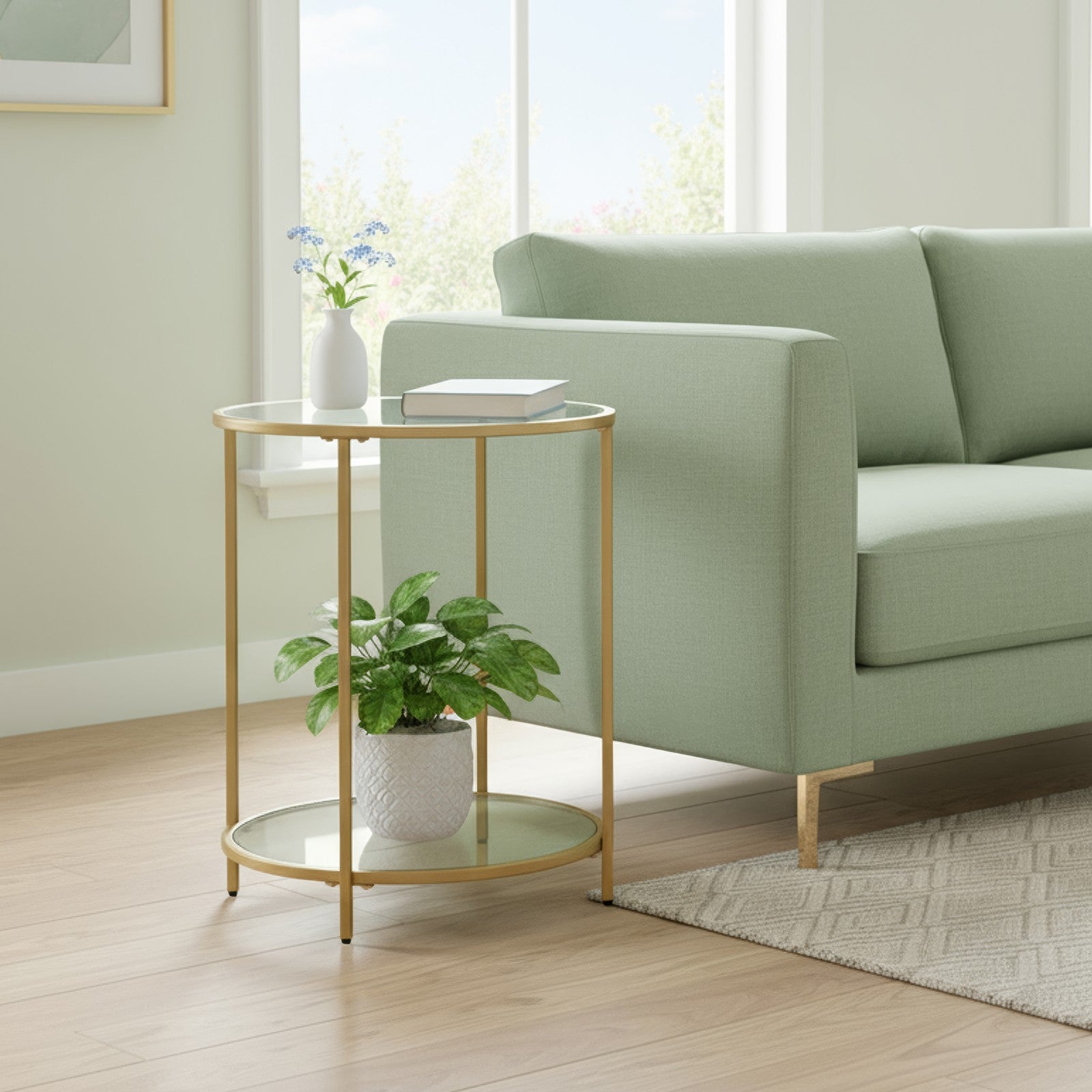 Beistelltisch rund, Couchtisch klein, Hartglas und Metallgestell