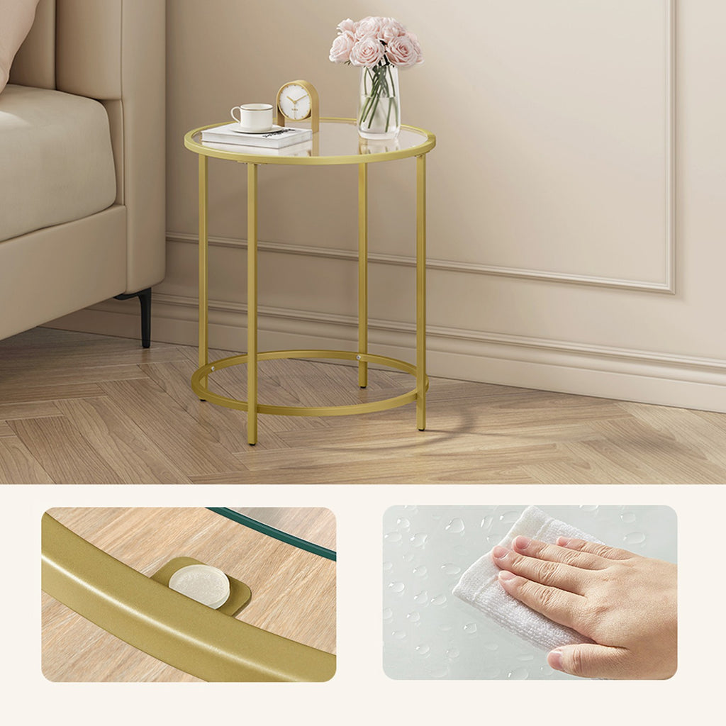 Beistelltisch rund, Couchtisch klein, Hartglas und Metallgestell