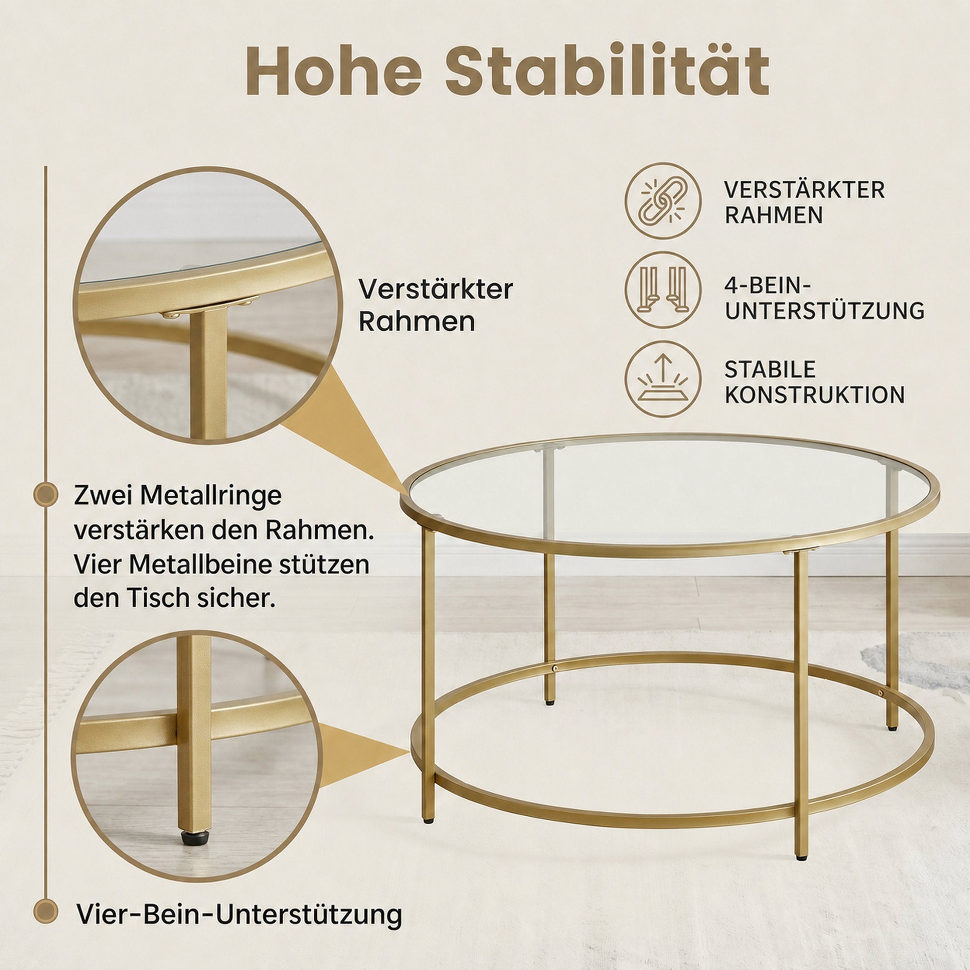 Runder Couchtisch, Wohnzimmertisch aus Stahl, Salontisch