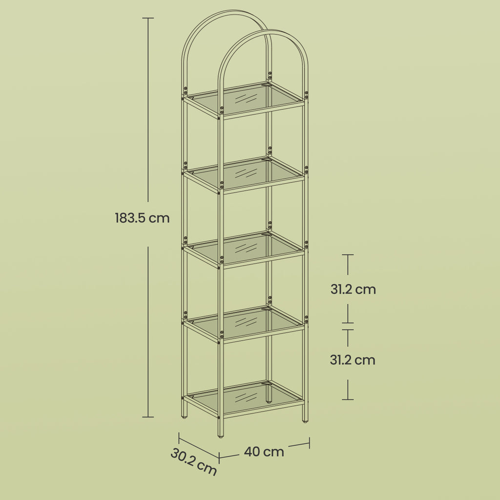 Regal mit 5 Ebenen, Bücherregal aus Hartglas, bogenförmiges Aufbewahrungsregal