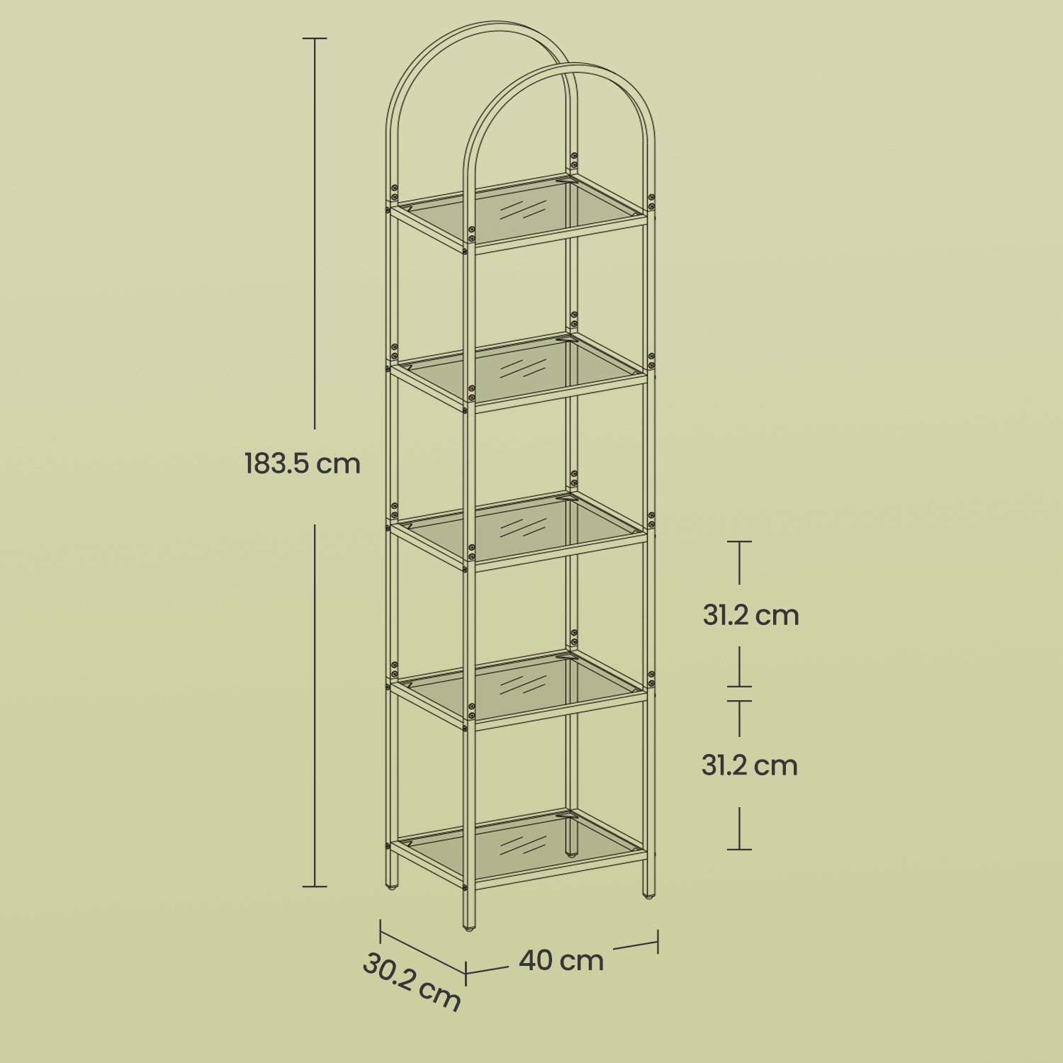Regal mit 5 Ebenen, Bücherregal aus Hartglas, bogenförmiges Aufbewahrungsregal
