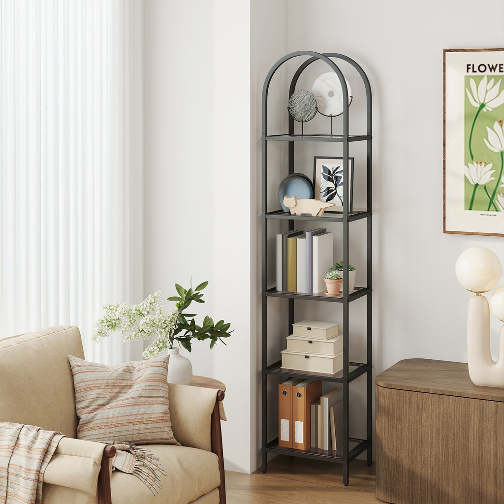 Regal mit 5 Ebenen, Bücherregal aus Hartglas, bogenförmiges Aufbewahrungsregal
