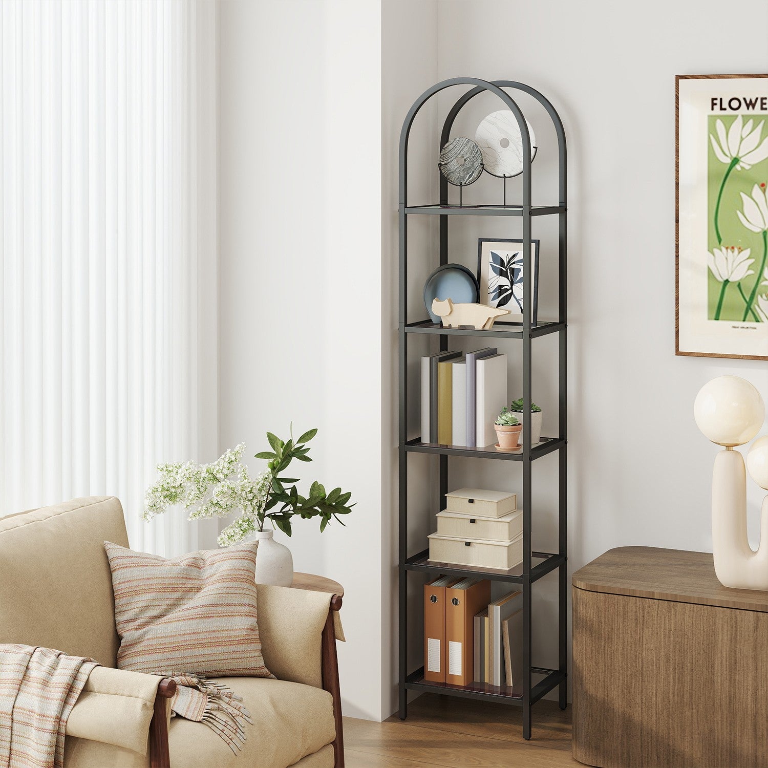 Regal mit 5 Ebenen, Bücherregal aus Hartglas, bogenförmiges Aufbewahrungsregal