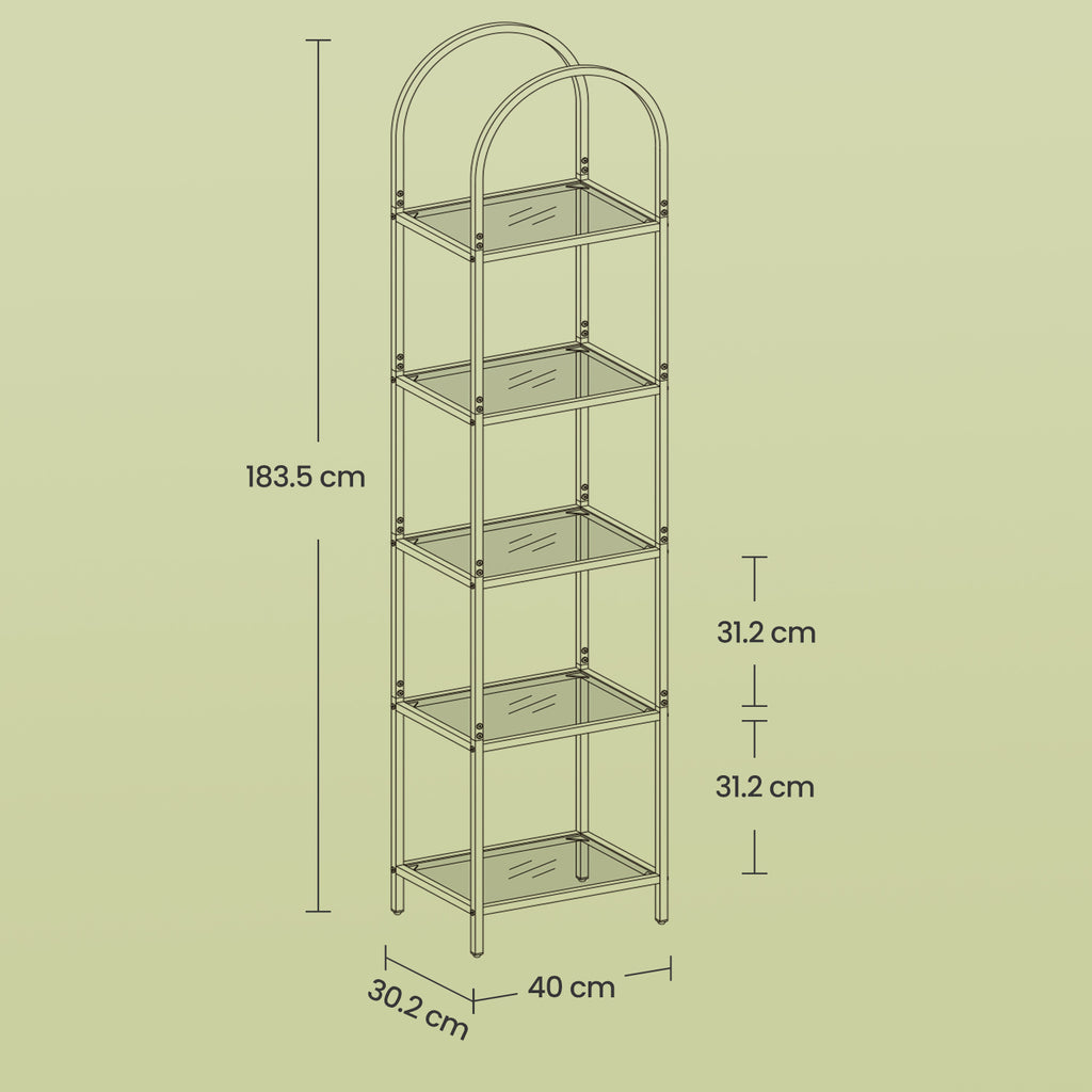 Regal mit 5 Ebenen, Bücherregal aus Hartglas, bogenförmiges Aufbewahrungsregal