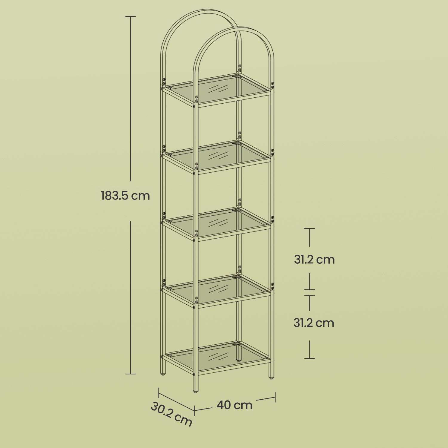 Regal mit 5 Ebenen, Bücherregal aus Hartglas, bogenförmiges Aufbewahrungsregal