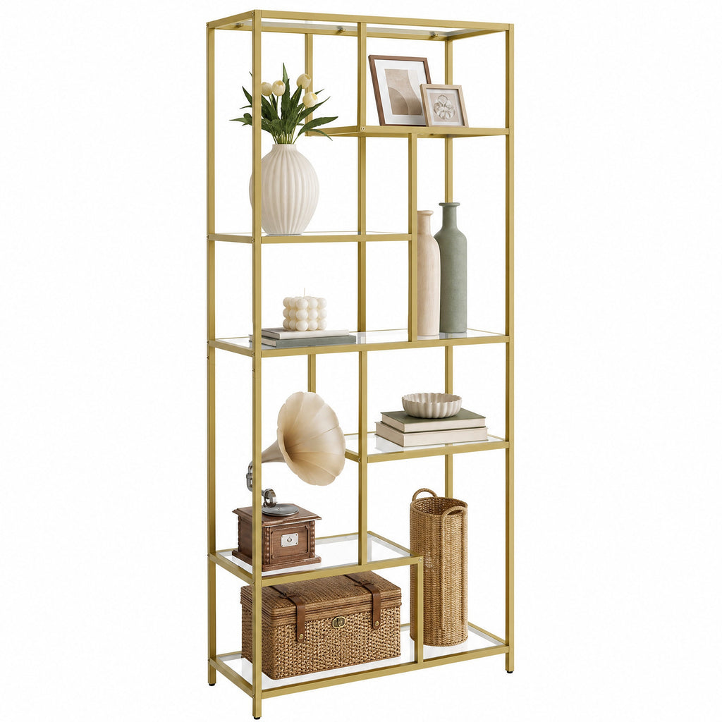 6 stufiges Bücherregal, Regal mit Ablagen aus Hartglas, Standregal