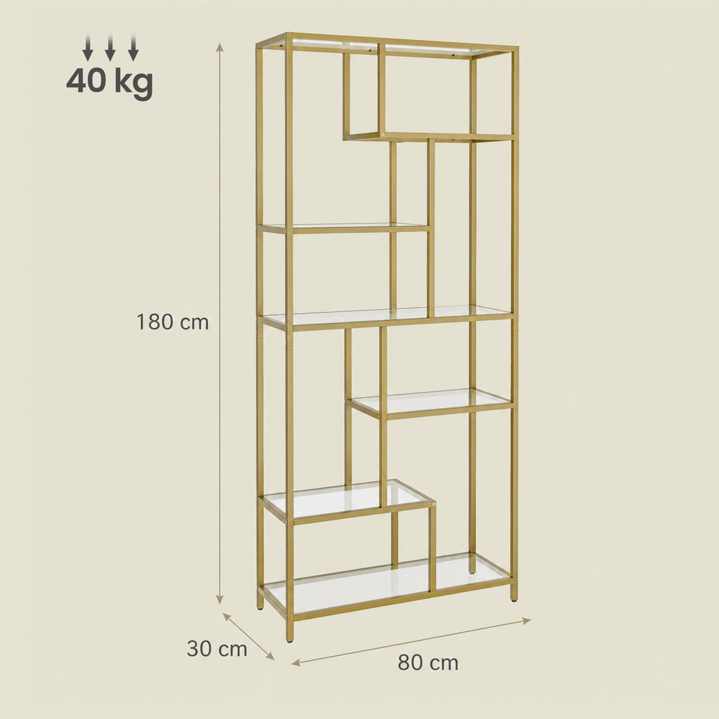 6 stufiges Bücherregal, Regal mit Ablagen aus Hartglas, Standregal