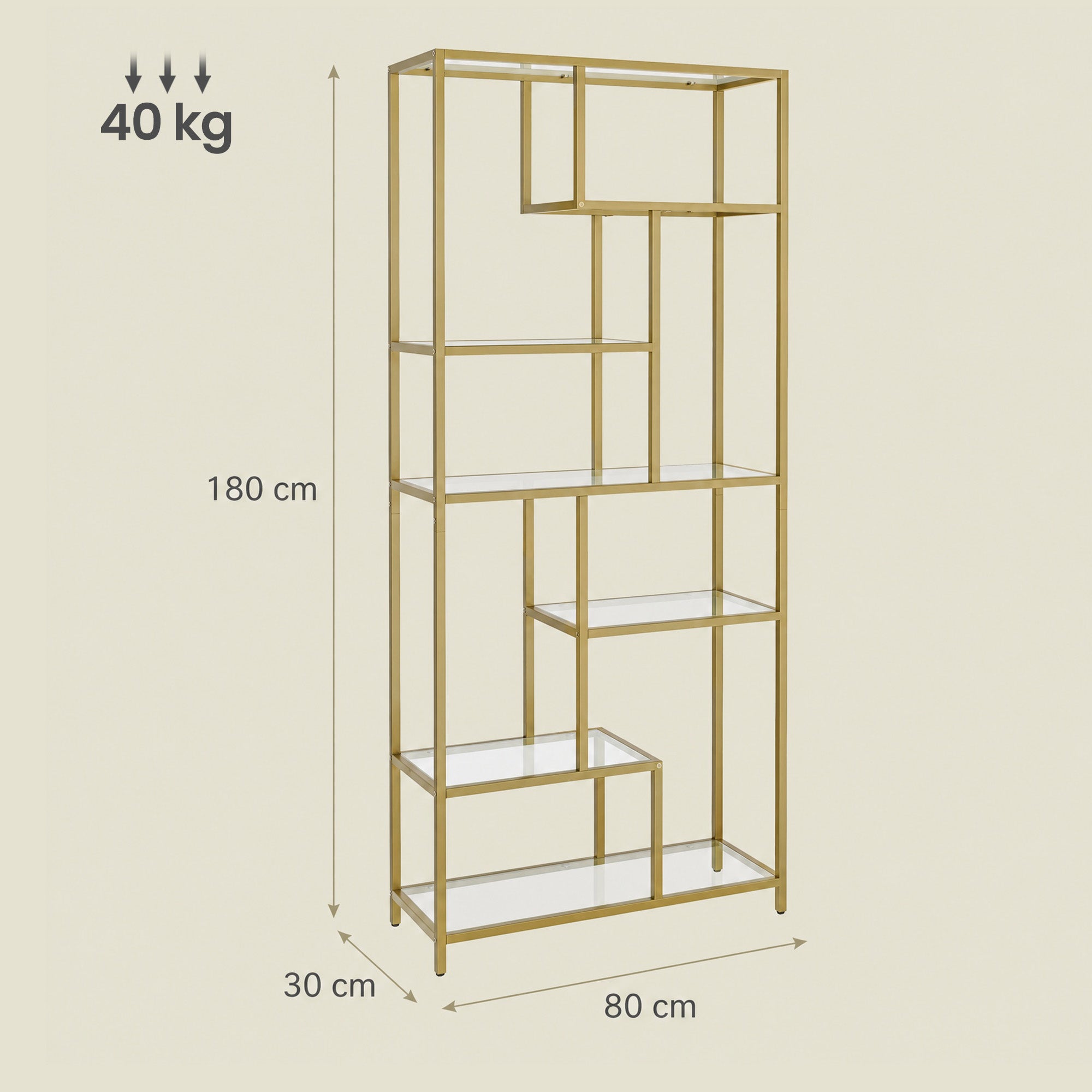 6 stufiges Bücherregal, Regal mit Ablagen aus Hartglas, Standregal