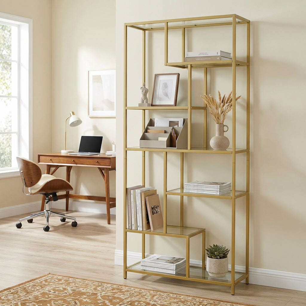 6 stufiges Bücherregal, Regal mit Ablagen aus Hartglas, Standregal