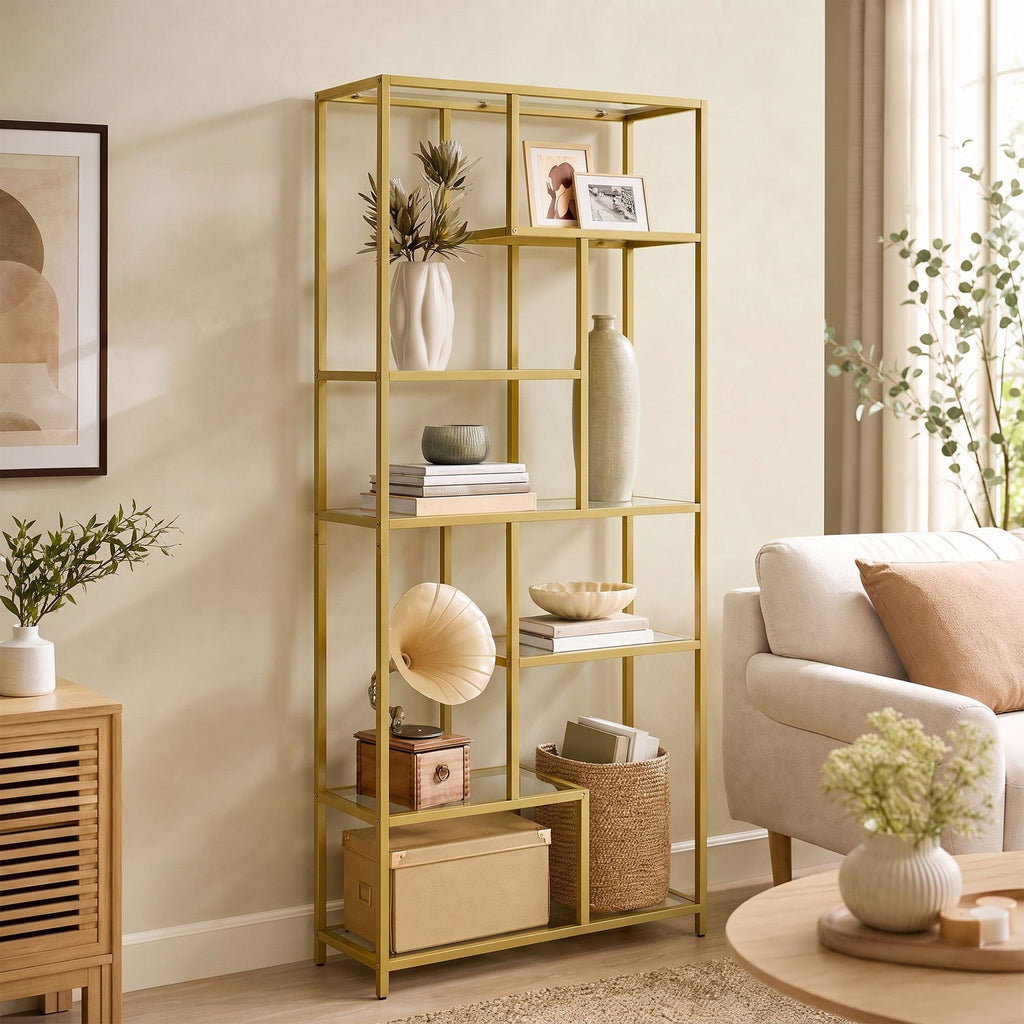 6 stufiges Bücherregal, Regal mit Ablagen aus Hartglas, Standregal