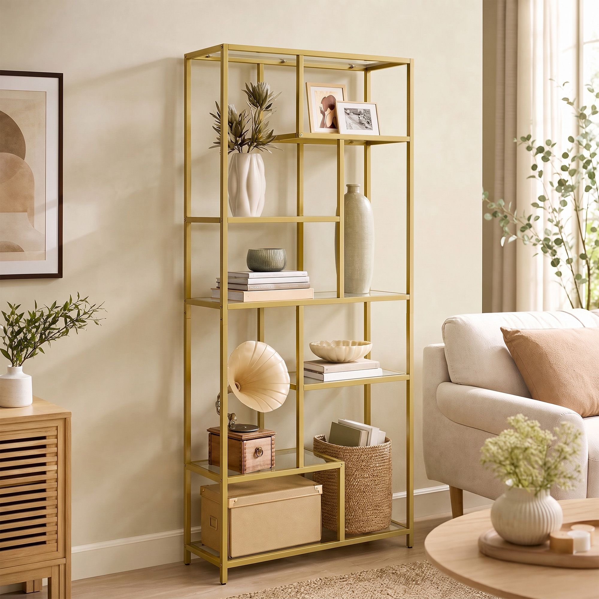 6 stufiges Bücherregal, Regal mit Ablagen aus Hartglas, Standregal